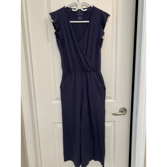 Velvet by Graham & Spencer Wrap Jumpsuit Blue Cotton Romper Casual Chic Revolve - Picture 2 of 10